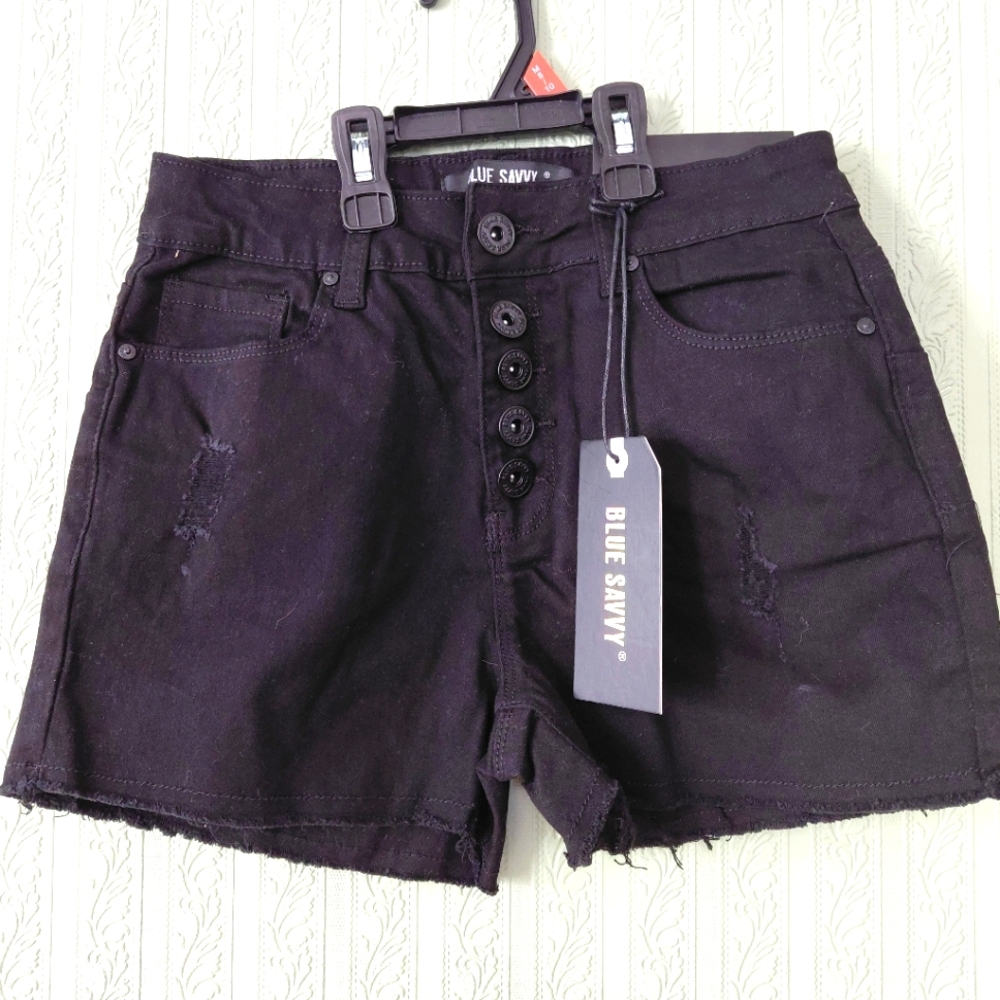 Nwt!! BLUE SAVVY Women's Black Denim Shorts button Fly Fringe